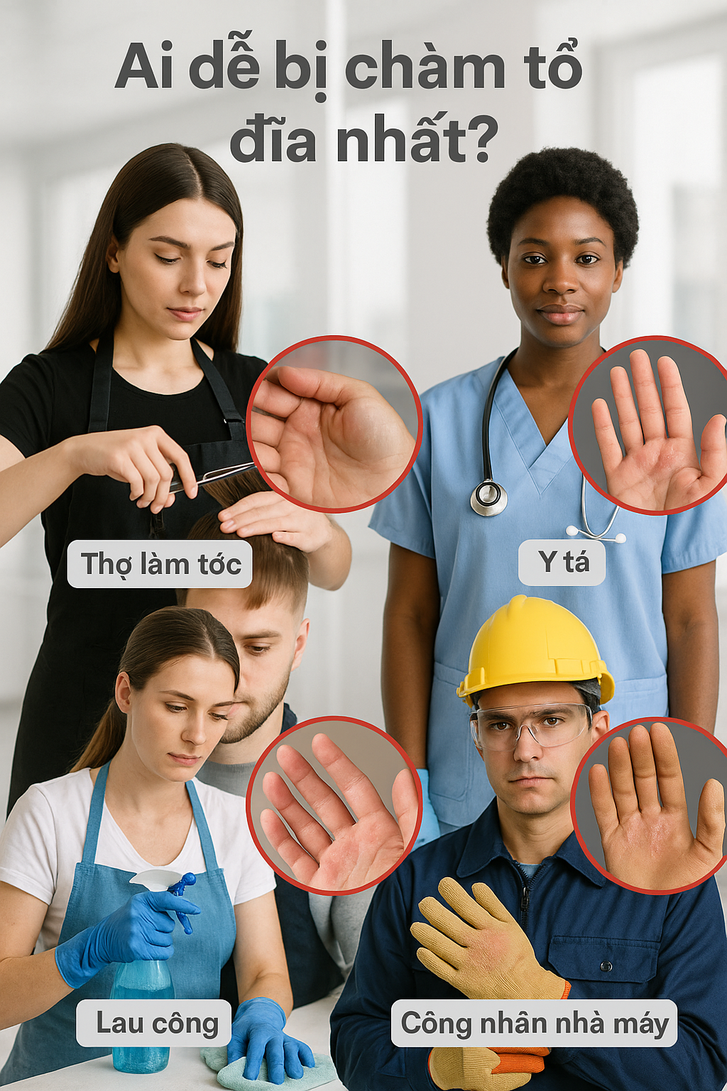 ai-de-bi-cham-to-dia-nhat_w3p1lc.png Hình minh họa các nhóm nghề nghiệp và yếu tố nguy cơ cao gây chàm tổ đĩa như hóa chất, nước và stress.