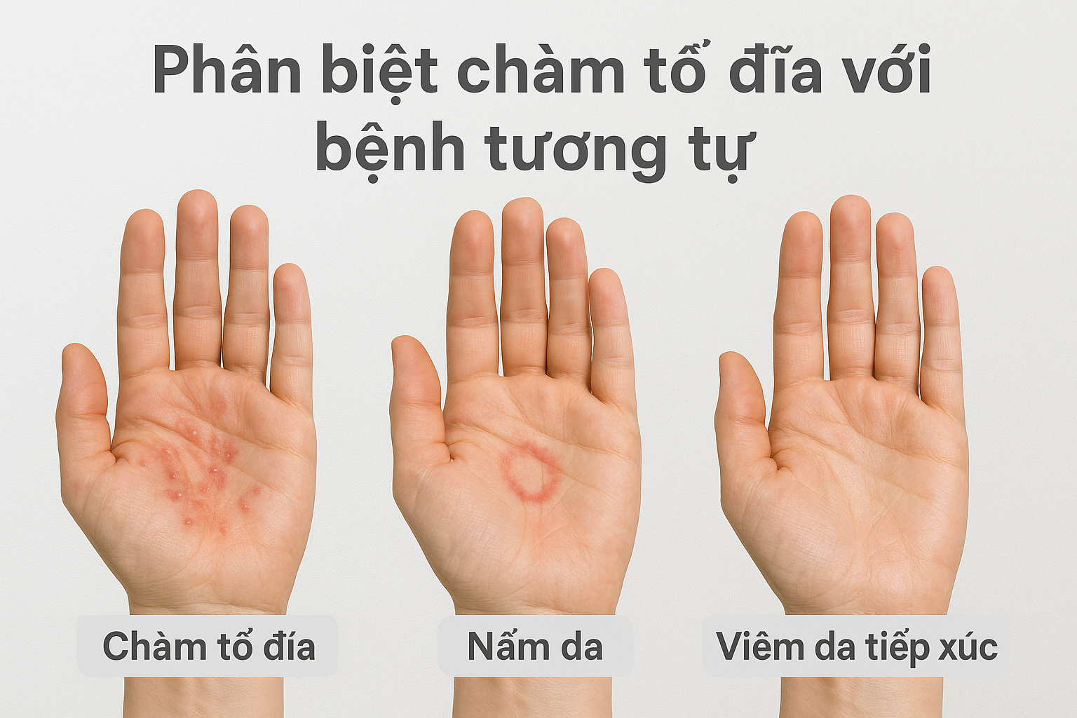 chan-doan-cham-to-dia_eujntk.png Sơ đồ so sánh chàm tổ đĩa với nấm và viêm da tiếp xúc, giúp bác sĩ xác định chẩn đoán chính xác.
