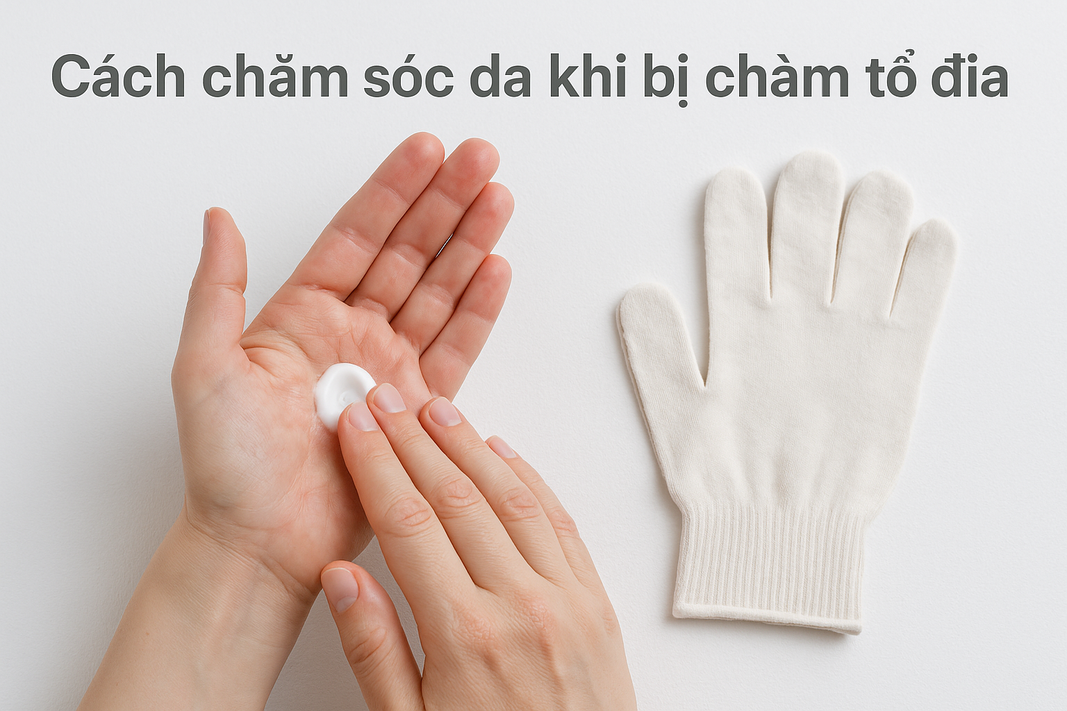 cham-soc-da-cham-to-dia_masynn.png Hình ảnh bệnh nhân bôi kem dưỡng ẩm và đeo găng cotton để bảo vệ da khi bị chàm tổ đĩa.