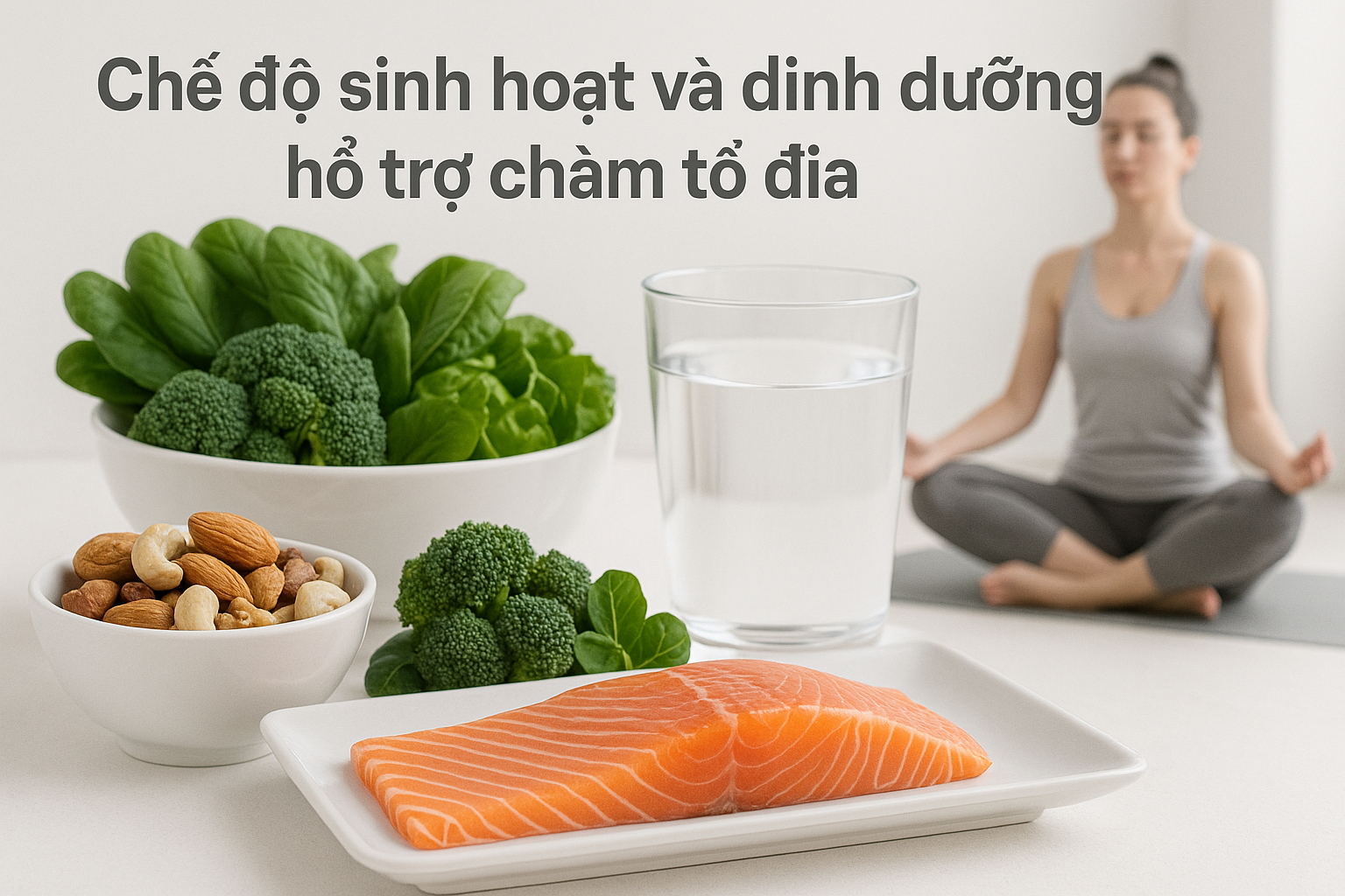 che-do-dinh-duong-ho-tro-cham-to-dia_v2qood.png Hình minh họa thực phẩm và thói quen sinh hoạt hỗ trợ điều trị chàm tổ đĩa: cá hồi, rau xanh, yoga, uống nước đầy đủ.