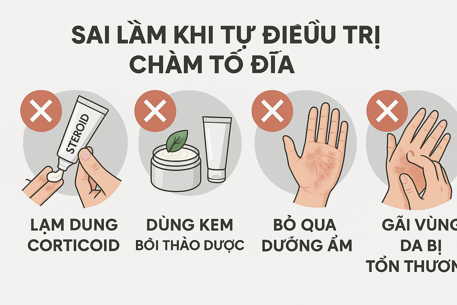 sai-lam-khi-tu-dieu-tri-cham-to-dia_wxkvkm.png Sơ đồ minh họa các sai lầm phổ biến khi tự điều trị chàm tổ đĩa như lạm dụng thuốc và không dưỡng ẩm.