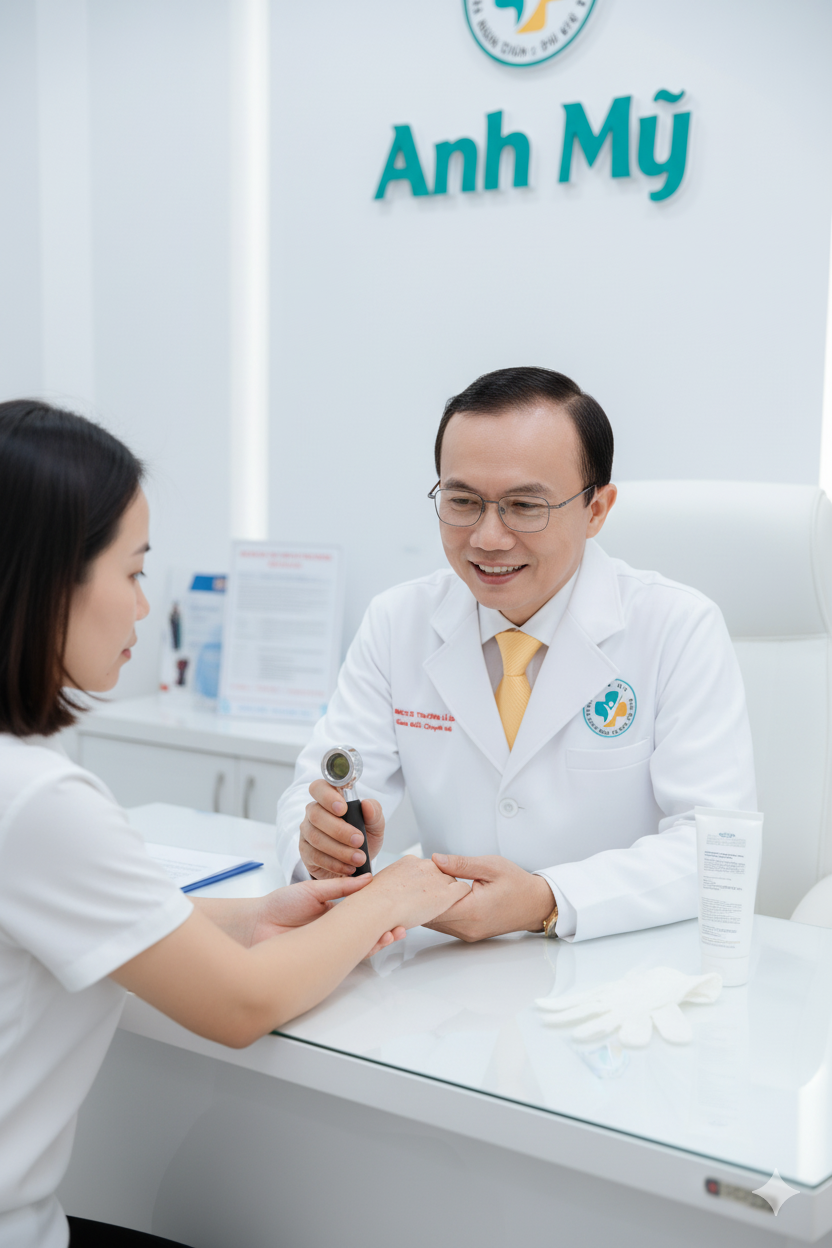 kinh-nghiem-dieu-tri-cham-to-dia-anh-my-clinic_of95mn.png Bác sĩ Trương Lê Đạo đang thăm khám và tư vấn cho bệnh nhân chàm tổ đĩa tại Anh Mỹ Clinic TP.HCM.