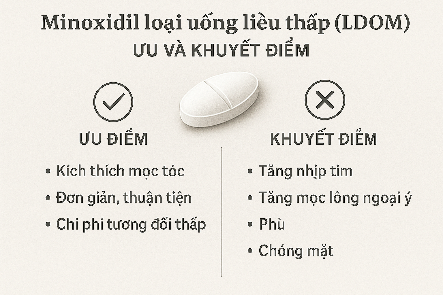 uu-nhuoc-diem-ldom-minoxidil_lbxtu9.png Bảng so sánh ưu điểm và hạn chế của Minoxidil đường uống liều thấp trong điều trị rụng tóc