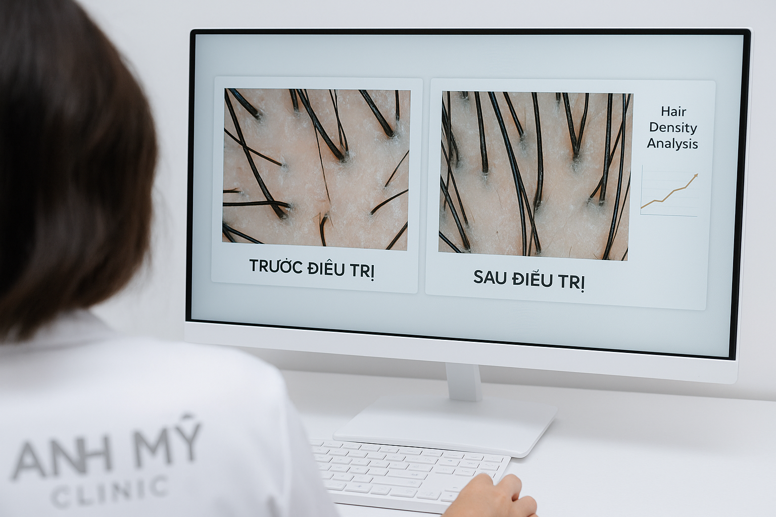 buoc-3-theo-doi-hieu-qua-anh-my-clinic_xn4999.png Bác sĩ Trương Lê Đạo đo mật độ tóc và so sánh ảnh kỹ thuật số để đánh giá hiệu quả điều trị rụng tóc tại Phòng Khám Da Liễu Anh Mỹ
