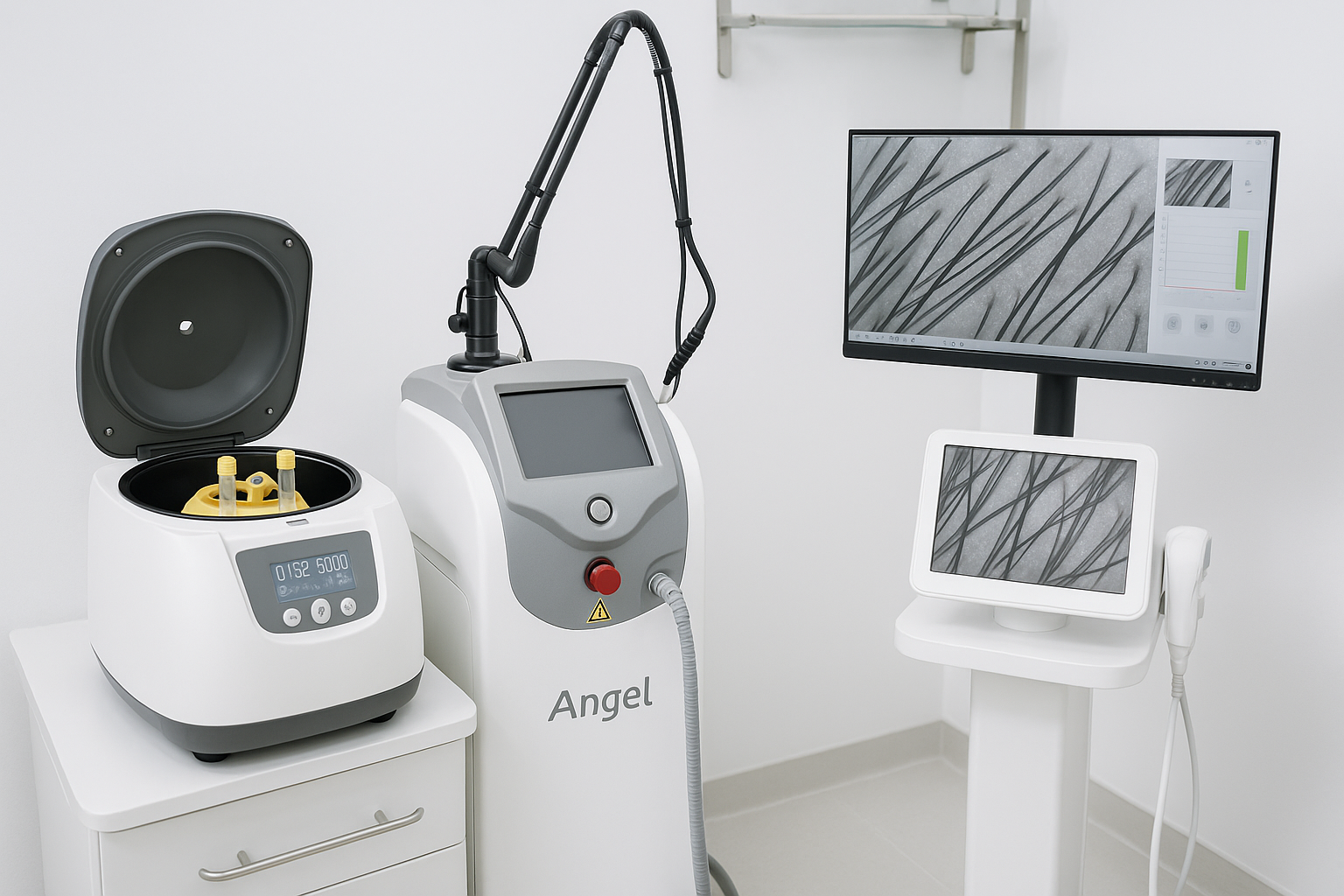 thiet-bi-dieu-tri-rung-toc-anh-my-clinic_a9srj5.png Trang thiết bị y khoa hiện đại gồm PRP ly tâm hai lớp, Laser Nd:YAG tại Phòng Khám Da Liễu Anh Mỹ