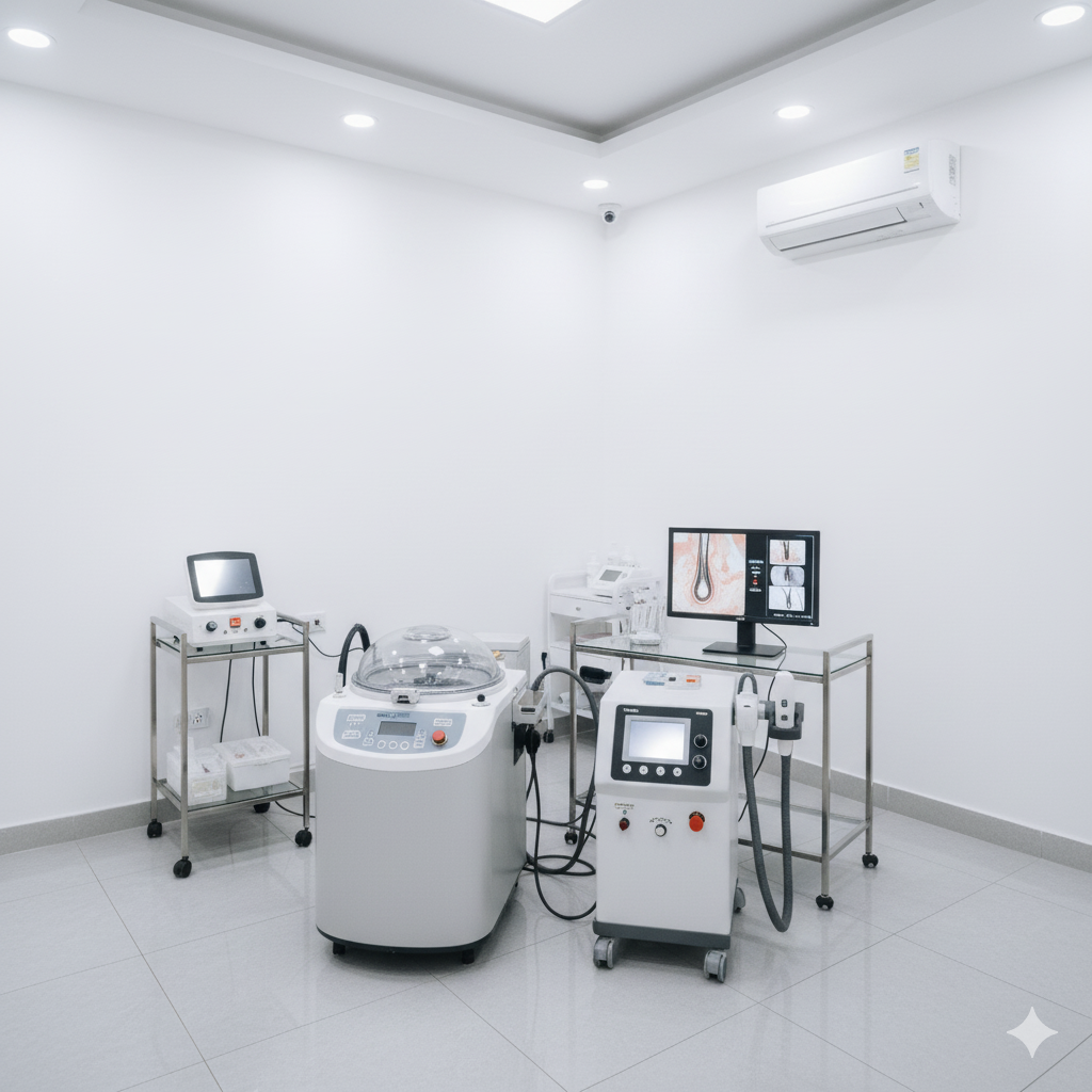 thiet-bi-dieu-tri-rung-toc-anh-my-clinic-2_anireg.png Trang thiết bị y khoa hiện đại gồm PRP ly tâm hai lớp, RF, HIFU tại Phòng Khám Da Liễu Anh Mỹ