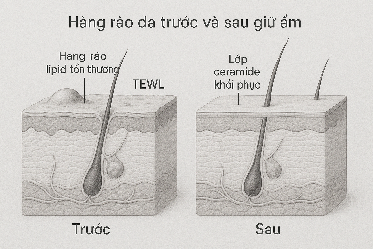 Hình minh hoạ hàng rào da mụn bị tổn thương và phục hồi sau khi dùng chất giữ ẩm chứa ceramide.