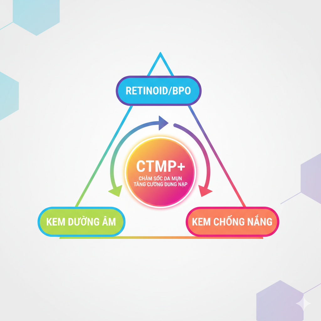Sơ đồ tam giác dung nạp trong điều trị mụn gồm ba yếu tố: thuốc, chất giữ ẩm và chống nắng.