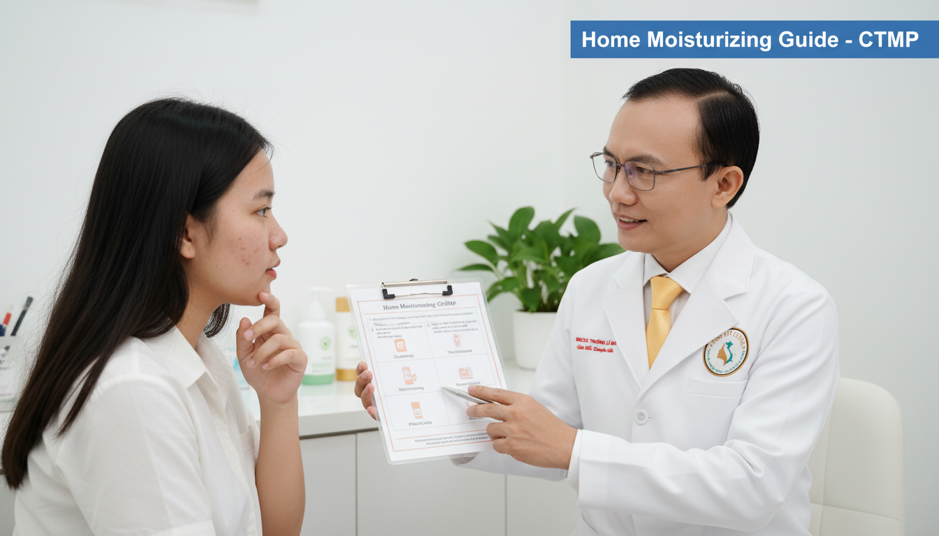 Bác sĩ da liễu hướng dẫn bệnh nhân quy trình CTMP dưỡng ẩm và dùng thuốc trị mụn tại nhà.