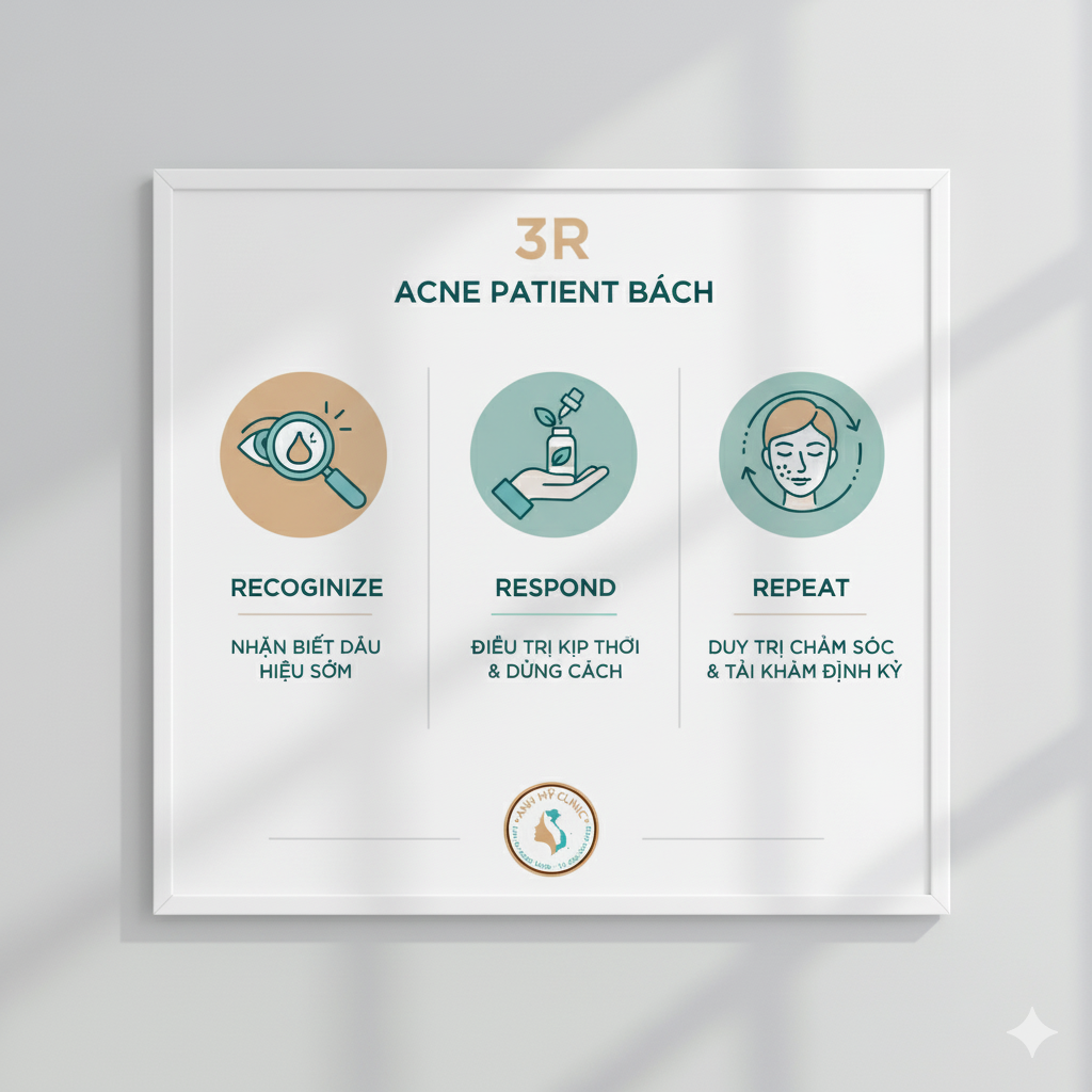 Infographic mô hình 3R trong hướng dẫn bệnh nhân mụn: Nhận biết – Phản ứng đúng – Duy trì.