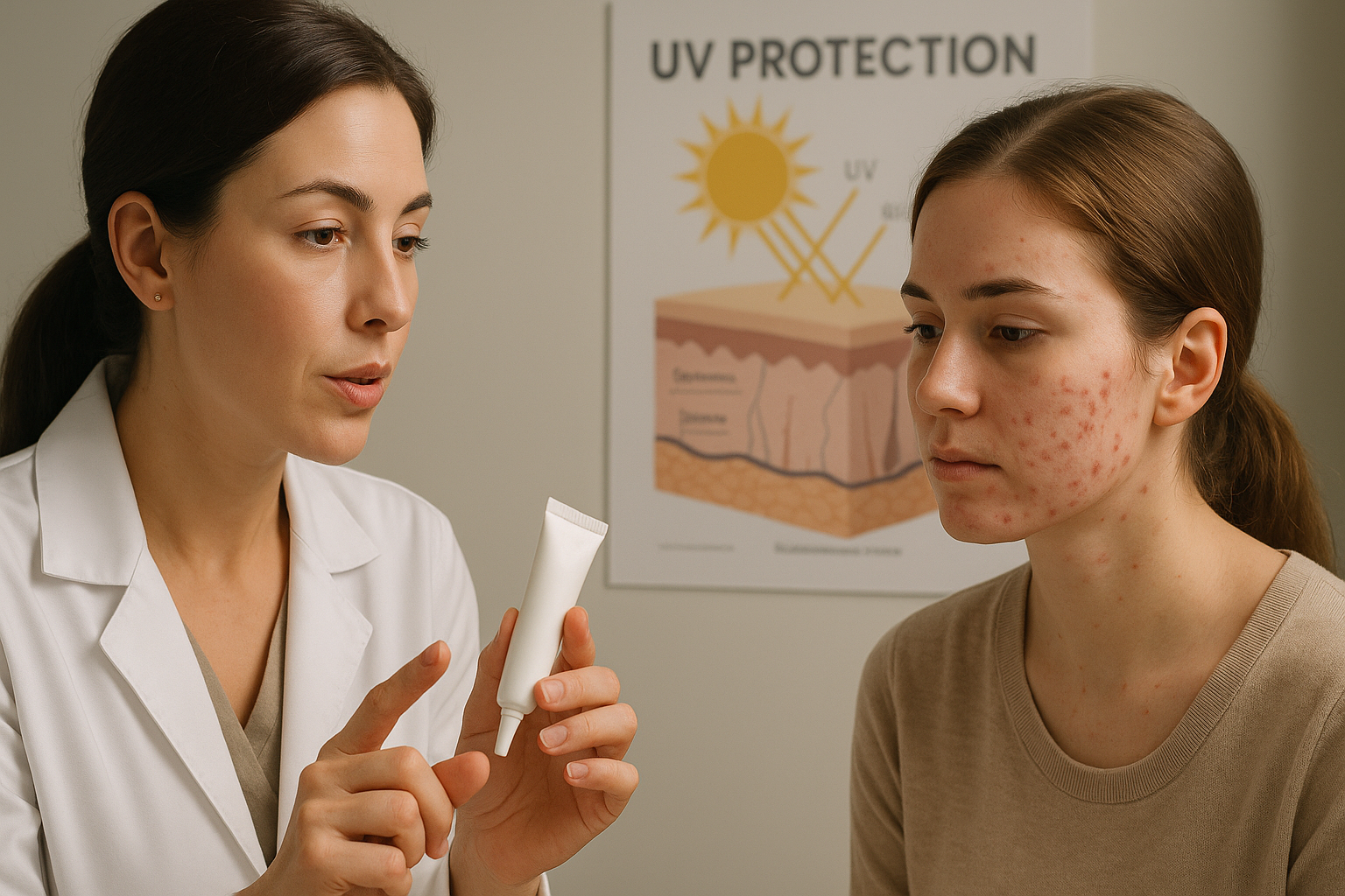 Bác sĩ da liễu hướng dẫn bệnh nhân dùng kem chống nắng khi điều trị mụn bằng retinoid để tránh kích ứng ánh sáng.