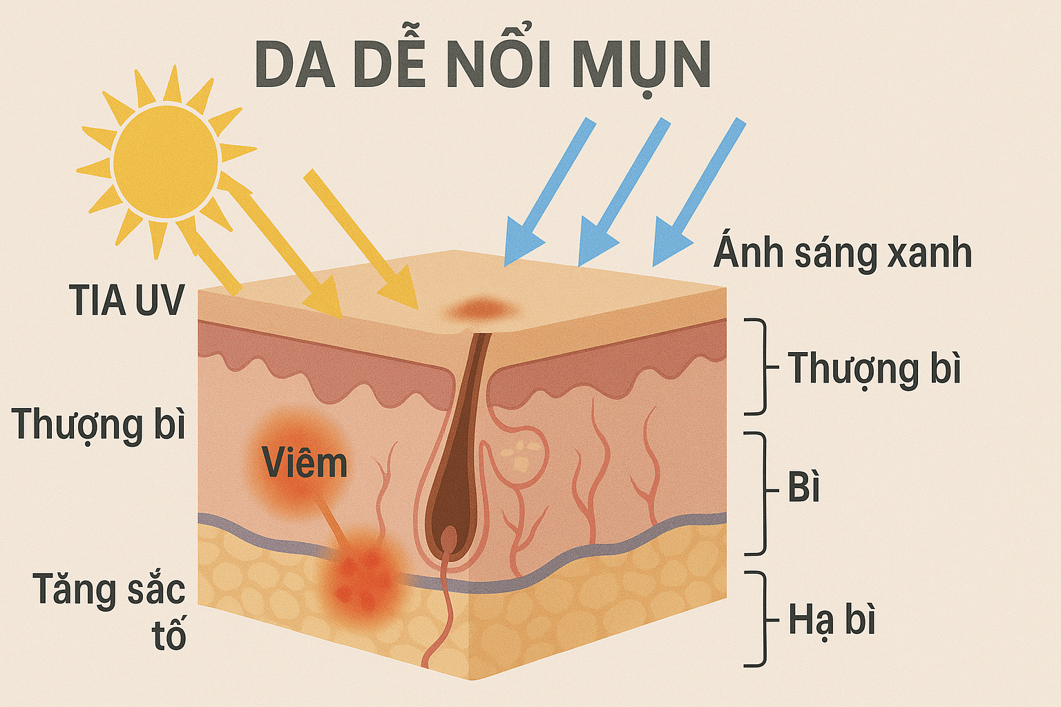 Hình minh họa cho thấy tia UV và ánh sáng xanh gây viêm, oxy hóa và tăng sắc tố trên da mụn.