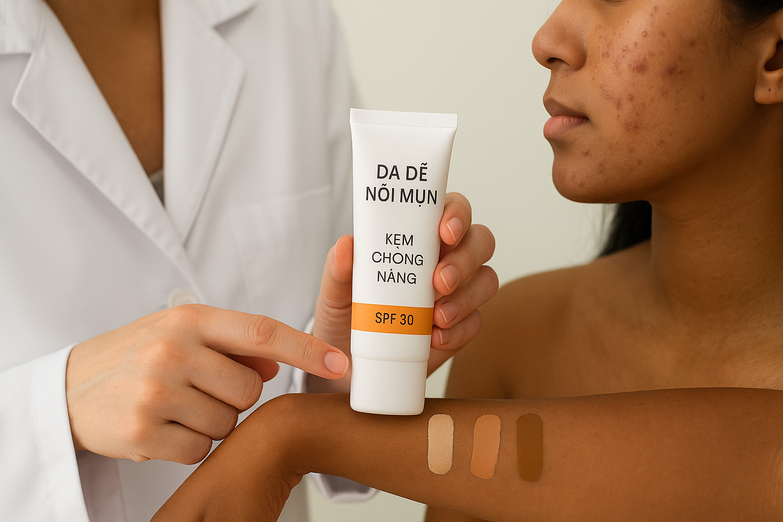 Bác sĩ da liễu minh họa tác dụng của kem chống nắng có màu chứa iron oxides trong giảm thâm mụn (PIH).