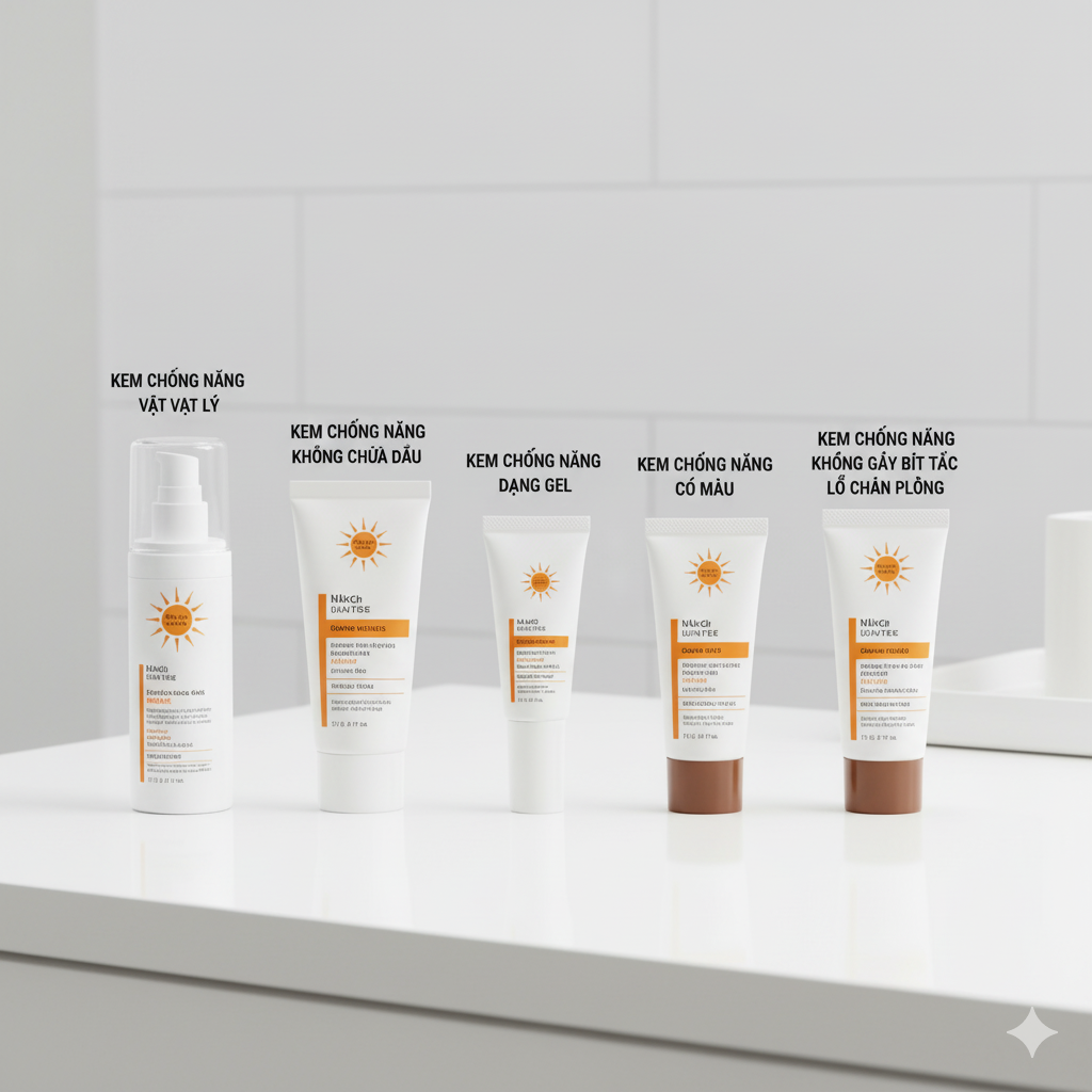 Hình ảnh các loại kem chống nắng non-comedogenic và oil-free phù hợp cho da mụn.
