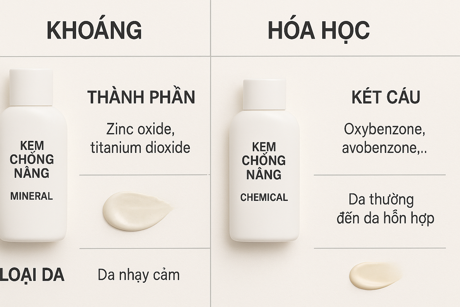 Hình minh họa so sánh kem chống nắng khoáng và hoá học, cho thấy thành phần, ưu nhược điểm và loại da phù hợp.