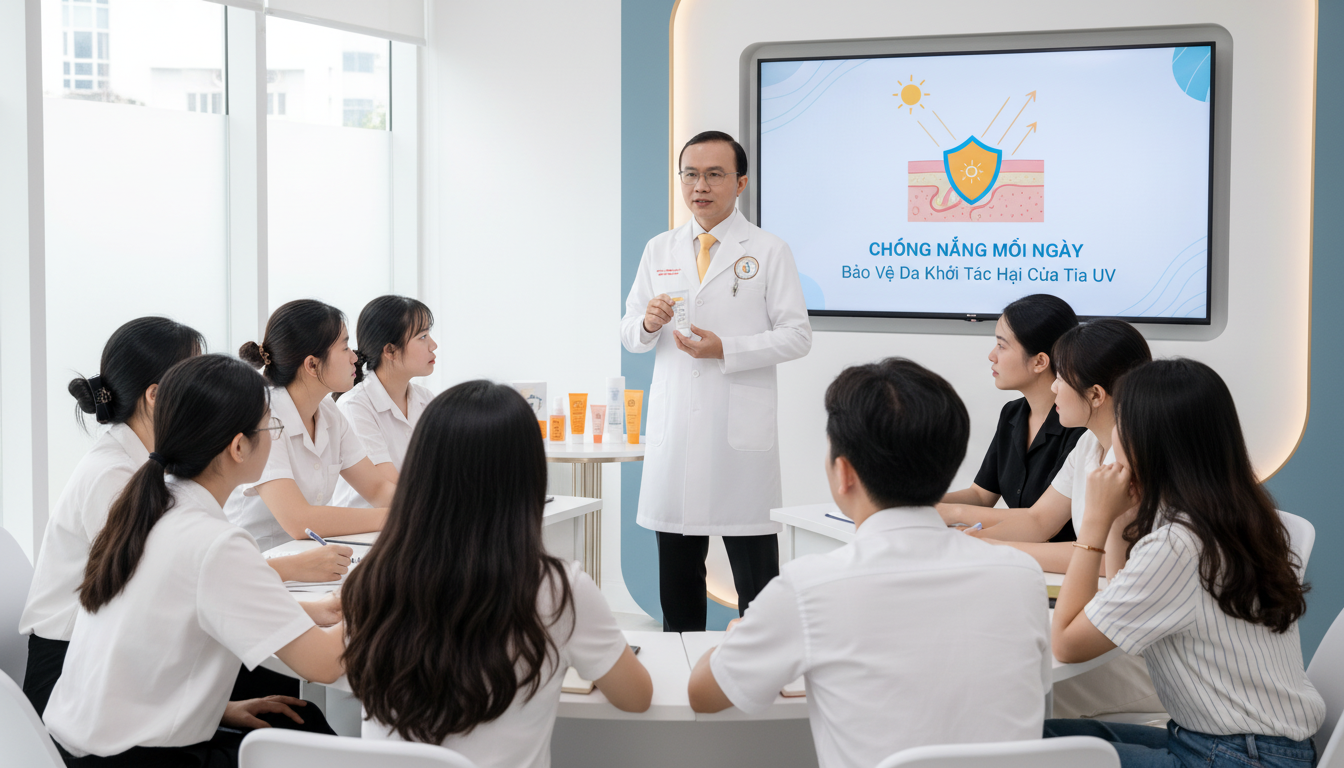 Bác sĩ da liễu giảng giải cho bệnh nhân da mụn cách hình thành thói quen chống nắng đúng qua video và hướng dẫn trực tiếp.