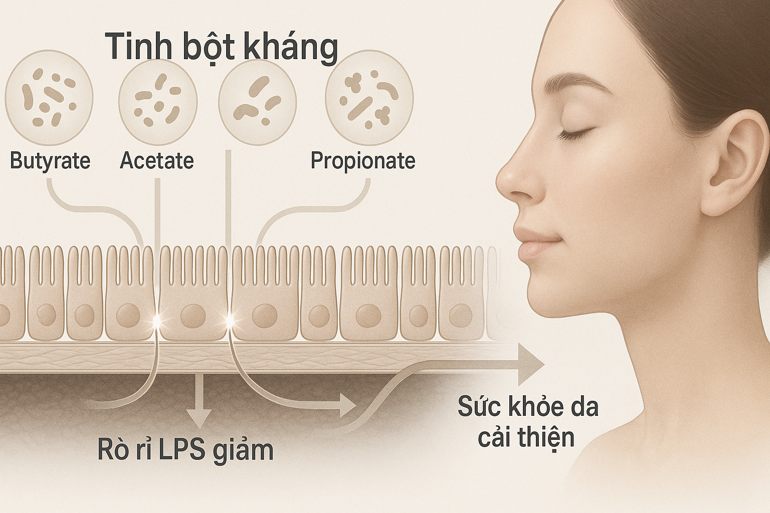 Minh hoạ prebiotic tạo SCFA (butyrate) siết chặt hàng rào ruột, giảm viêm theo trục ruột–da.