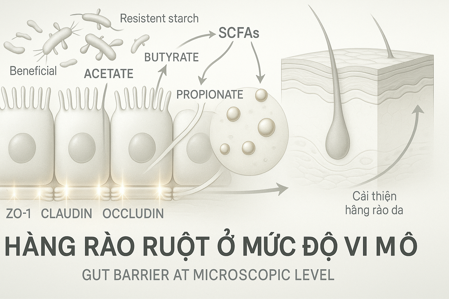 Minh hoạ SCFA (butyrate, acetate, propionate) củng cố hàng rào ruột, siết chặt tight junctions và giảm viêm theo trục ruột–da.