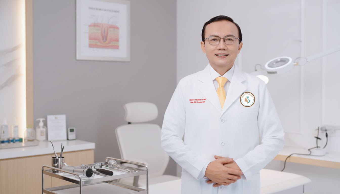 Chân dung bác sĩ Trương Lê Đạo tại Phòng Khám Da Liễu Anh Mỹ, chuyên điều trị mụn trứng cá tuổi dậy thì nữ.