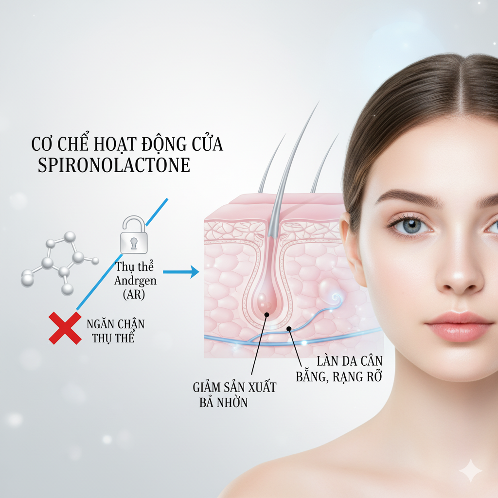 Hình minh họa spironolactone ức chế thụ thể androgen, giảm tiết bã và cải thiện mụn tuổi dậy thì nữ.