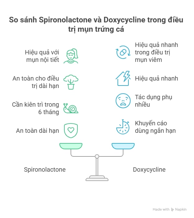 Infographic so sánh spironolactone và kháng sinh trong điều trị mụn: hiệu quả dài hạn và ưu điểm kháng androgen.