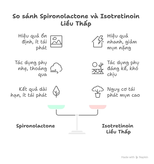 Infographic so sánh ưu và nhược điểm của spironolactone và isotretinoin liều thấp trong điều trị mụn ở nữ tuổi dậy thì.