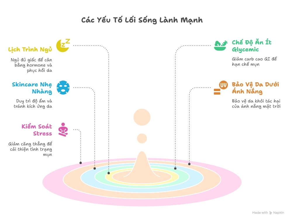 Hình infographic mô tả chế độ sinh hoạt tốt cho mụn tuổi dậy thì nữ: ngủ đủ, ăn ít đường, skincare dịu nhẹ, chống nắng.