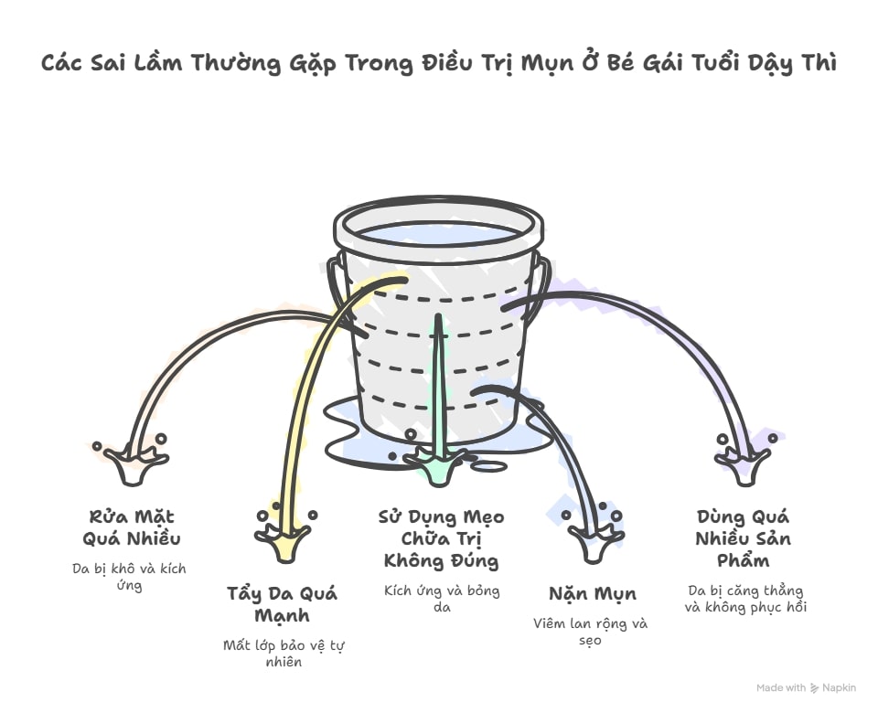 Hình infographic mô tả sai lầm phổ biến khi tự điều trị mụn tuổi dậy thì: rửa mặt quá nhiều, nặn mụn, dùng sản phẩm sai cách.
