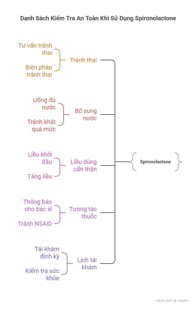 Hình infographic mô tả các lưu ý an toàn khi dùng spironolactone cho bé gái 14–18 tuổi: tránh thai, uống đủ nước, tái khám định kỳ.
