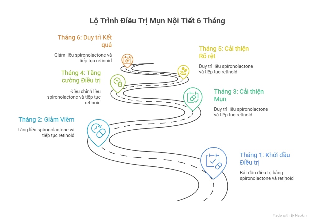 Infographic mô tả lộ trình 6 tháng điều trị mụn tuổi dậy thì nữ bằng spironolactone, retinoid và peel da.