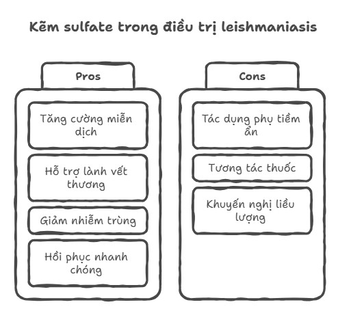 Hình ảnh so sánh lợi ích (Pros) và tác hại (Cons) của kẽm sulfate trong điều trị leishmaniasis, bao gồm việc tăng cường miễn dịch, hỗ trợ lành vết thương, giảm nhiễm trùng và phục hồi nhanh chóng, cùng với các tác dụng phụ như tác dụng phụ tiêm ẩn, tương tác thuốc và khuyến nghị liều lượng.