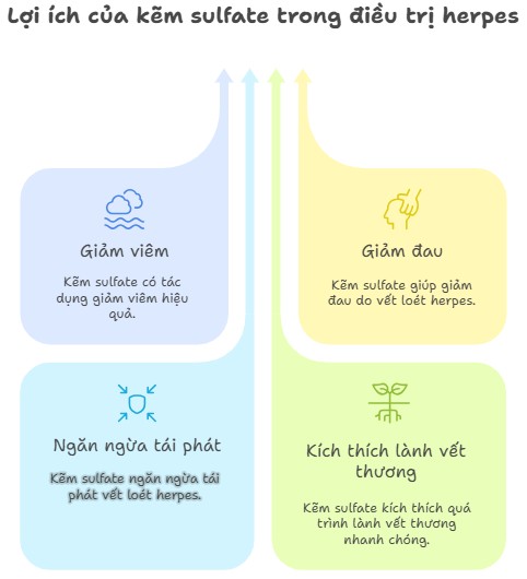 Hình ảnh mô tả lợi ích của kẽm sulfate trong điều trị herpes, bao gồm giảm viêm, giảm đau, ngăn ngừa tái phát và kích thích lành vết thương nhanh chóng.