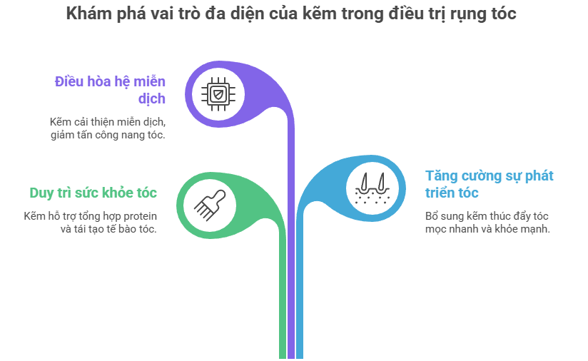 Hình ảnh mô tả vai trò của kẽm trong điều trị rụng tóc, bao gồm việc điều hòa hệ miễn dịch, duy trì sức khỏe tóc và tăng cường sự phát triển tóc.