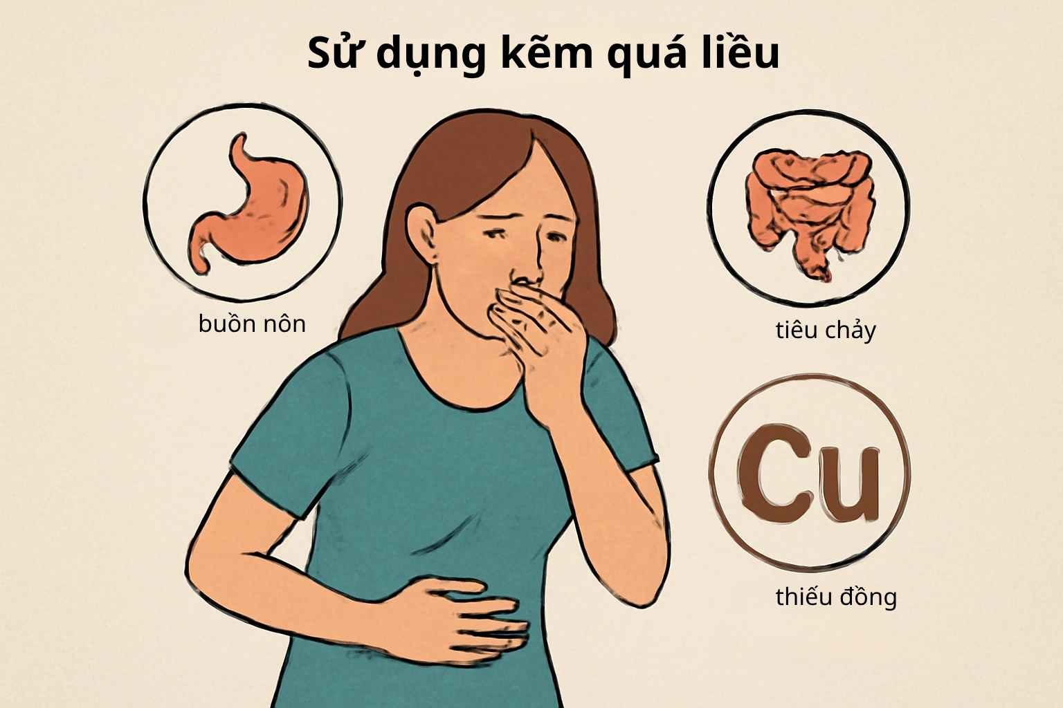 Hình ảnh mô tả các tác dụng phụ khi sử dụng kẽm quá liều, bao gồm buồn nôn, tiêu chảy và thiếu đồng (Cu).