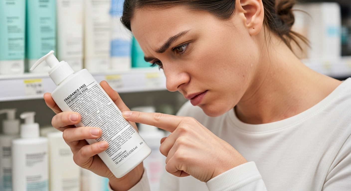 Người bị viêm da cơ địa đang đọc thành phần của sản phẩm chăm sóc da để tránh các hóa chất gây kích ứng.