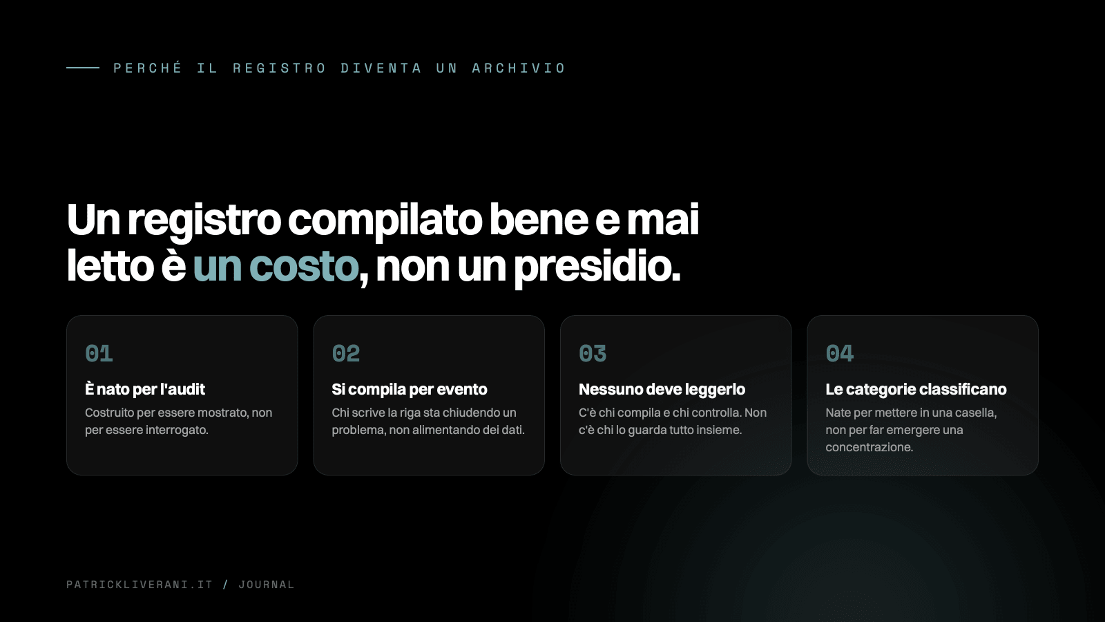 Le quattro cause per cui il registro delle non conformità di una PMI diventa un archivio: è nato per l'audit, si compila per evento, nessuno ha il compito di leggerlo, le categorie classificano e basta