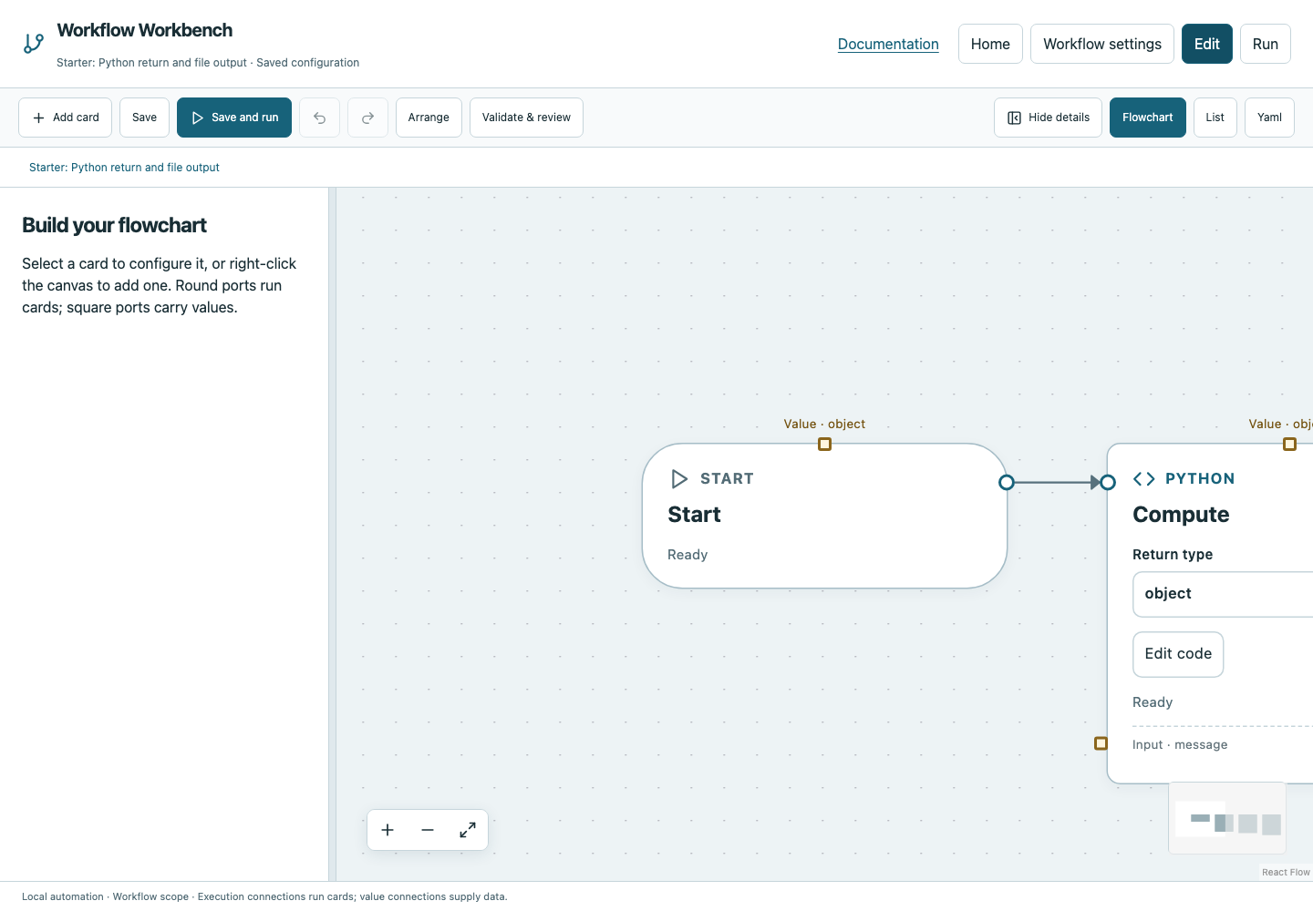 Workflow Workbench visual editor with connected Start and Python cards