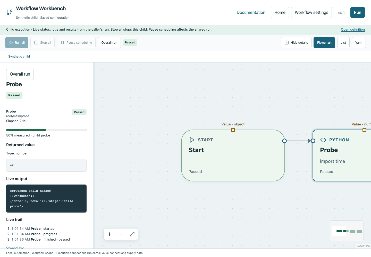 Workflow Workbench live execution showing a passed Python card, returned value and live output