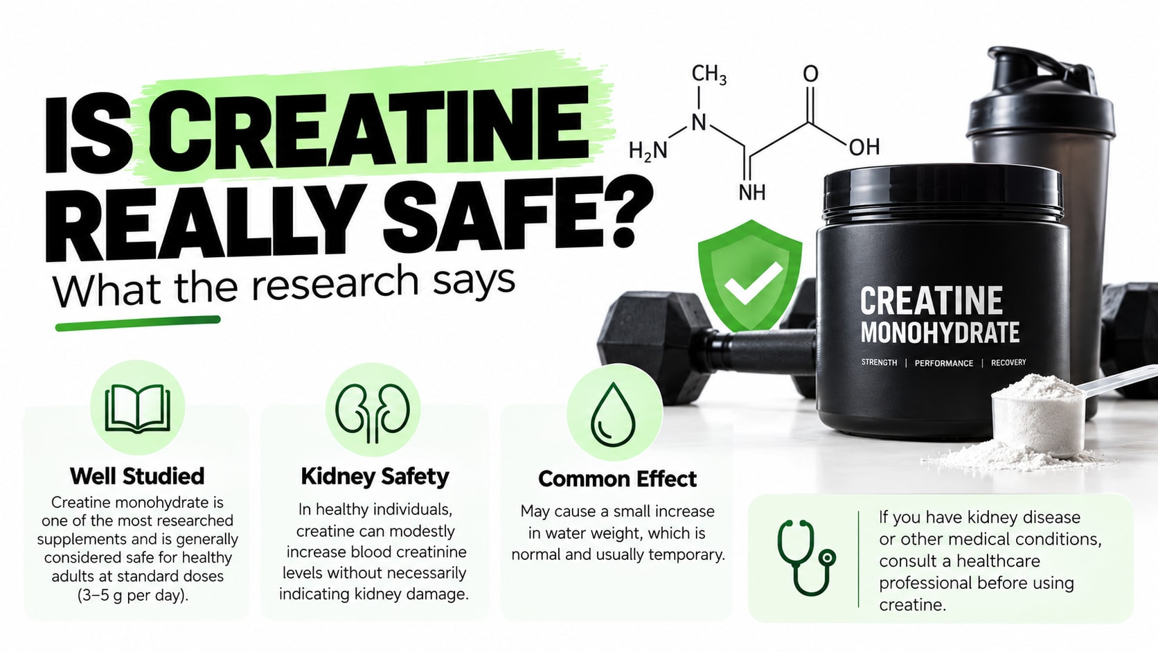 Scoop of white creatine monohydrate powder next to a shaker bottle on a gym bench