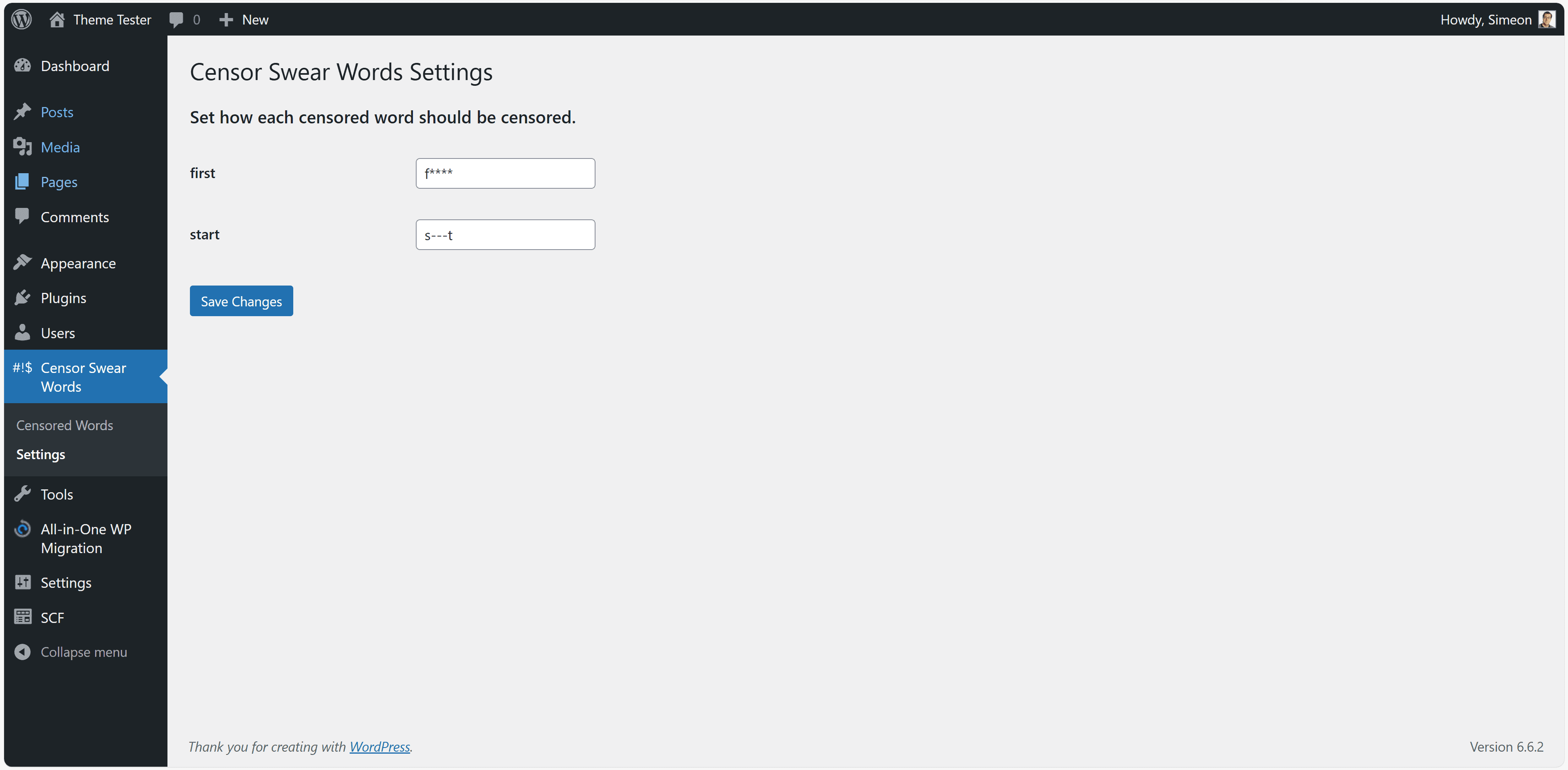 Censor Swear Words settings