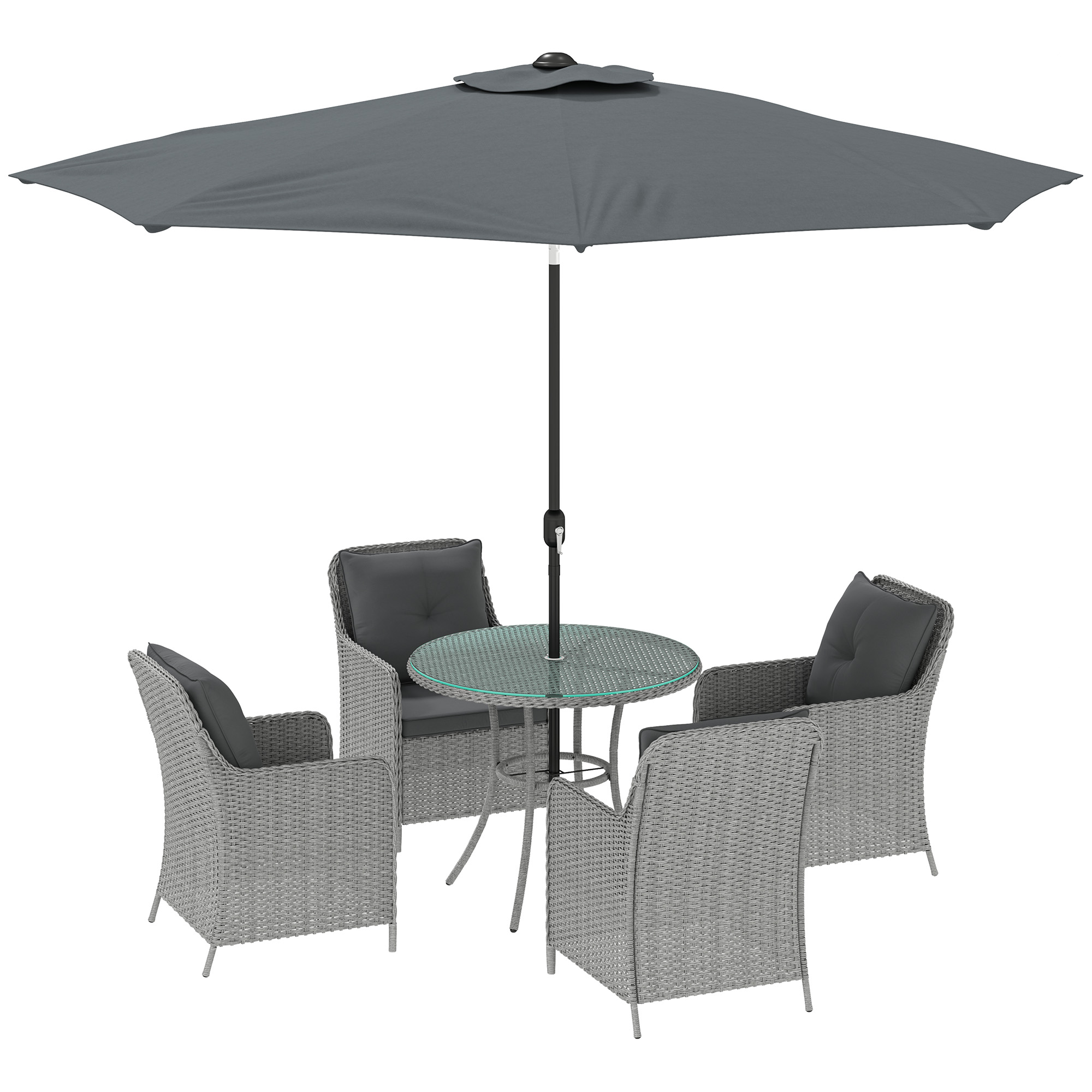 Outsunny Rattan Dining Set With Parasol & Cushions (Light Grey, 6-Piece)