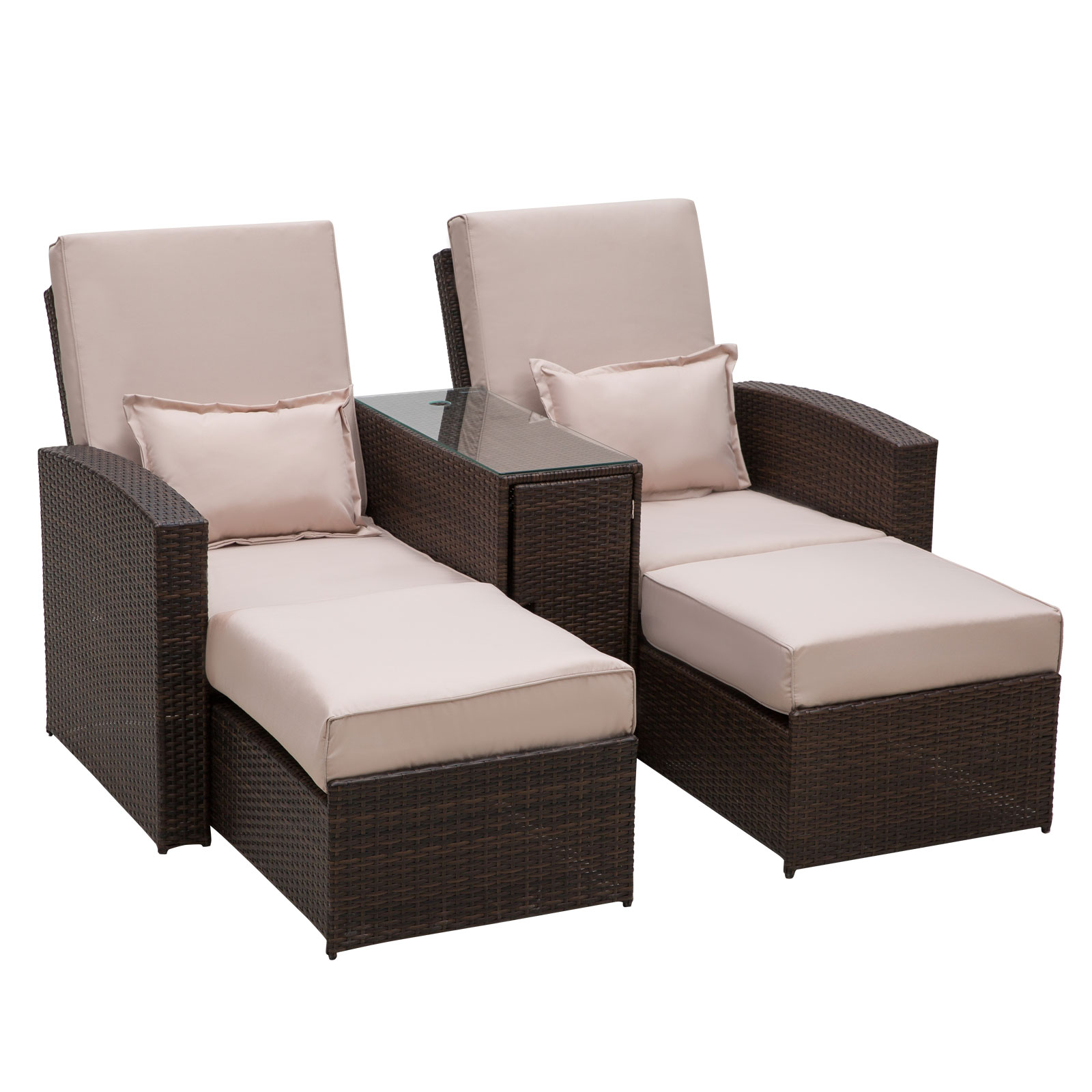 Outsunny 841-015 2-Seater Rattan Sun Lounger Set (Brown)