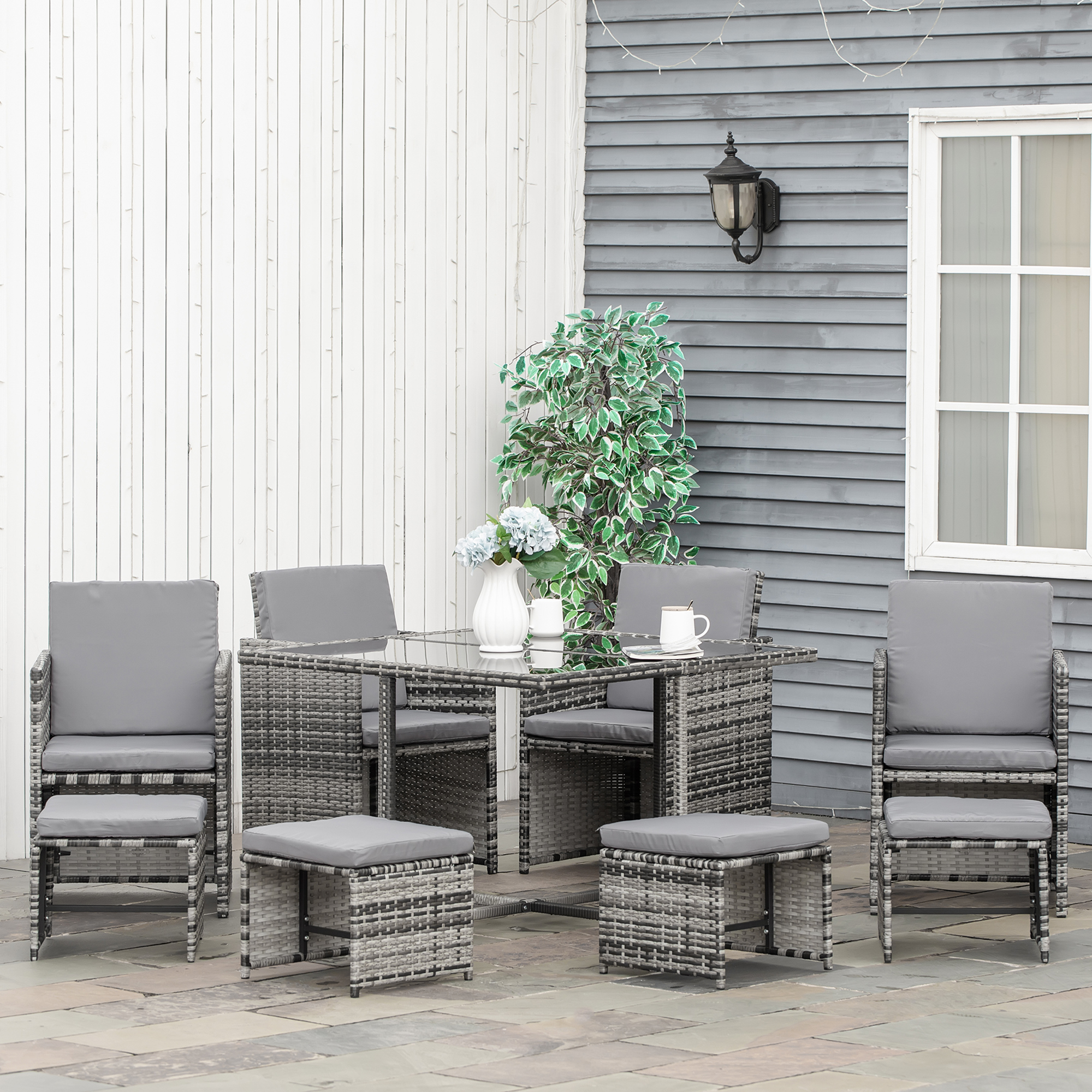Outsunny 841-108GY 9-Piece Rattan Garden Dining Set (Mixed Grey, 8-Seater)