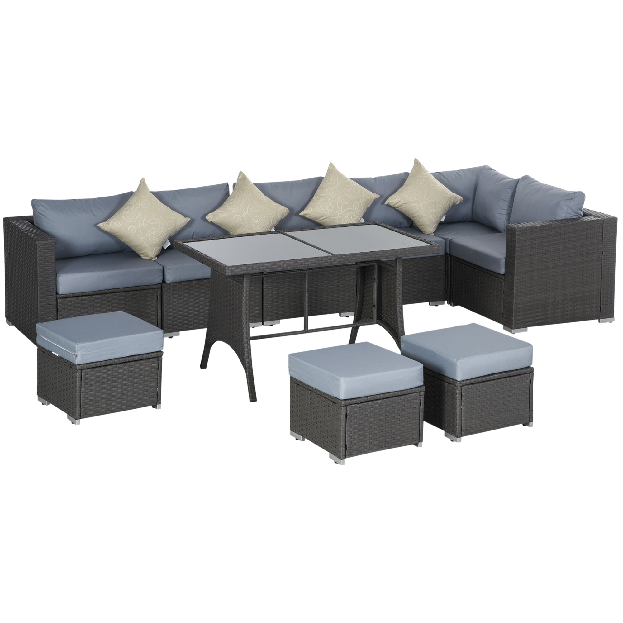 Outsunny 10-Piece Rattan Corner Sofa Set (Grey/Dusty Blue, 9-Seater)
