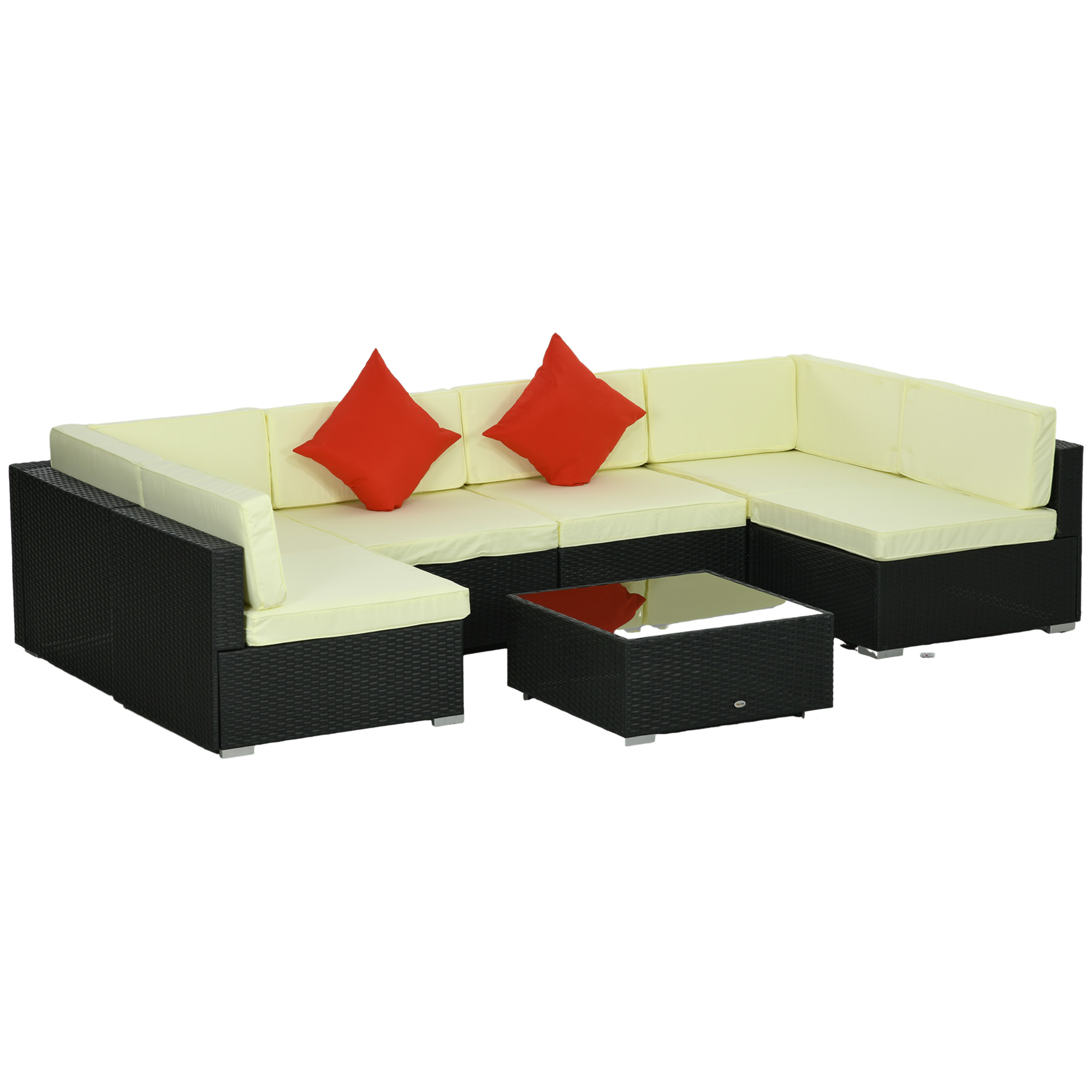 Outsunny 7-Piece PE Rattan Garden Corner Sofa Set With Glass Coffee Table (Black)