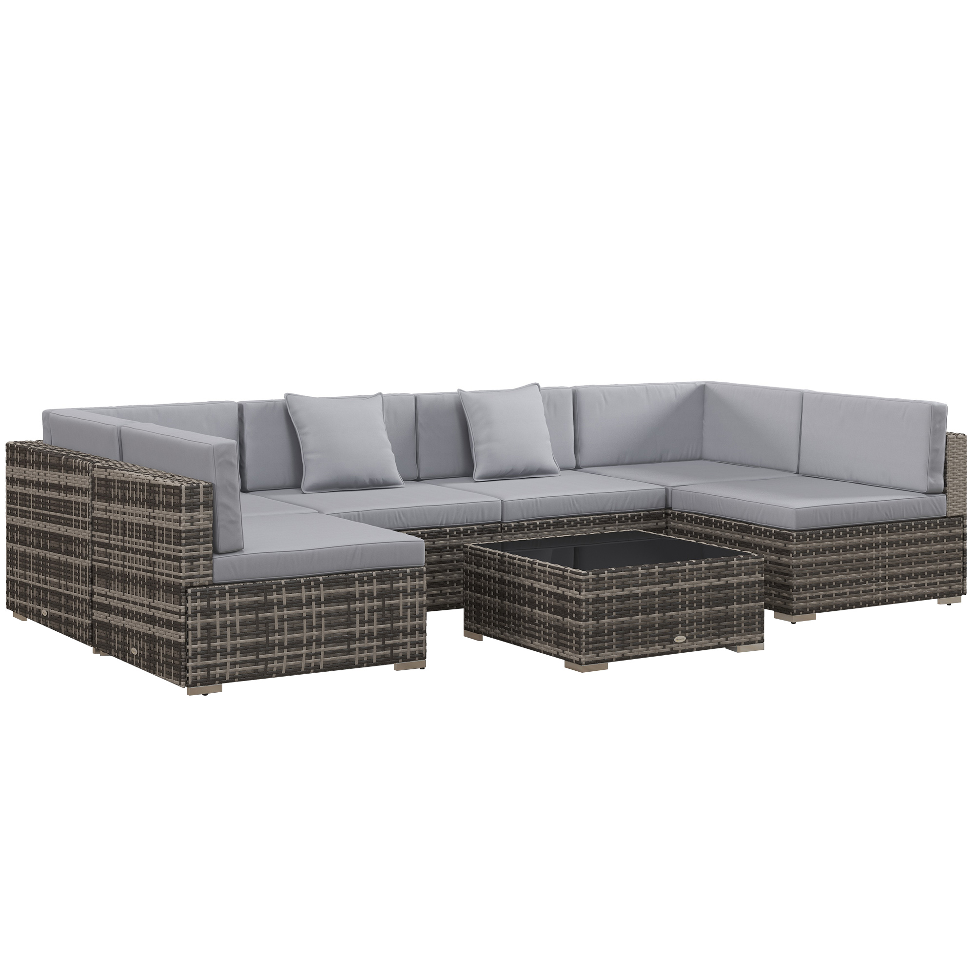 Outsunny 7-Piece PE Rattan Corner Sofa Set With Glass Coffee Table (Mixed Grey)