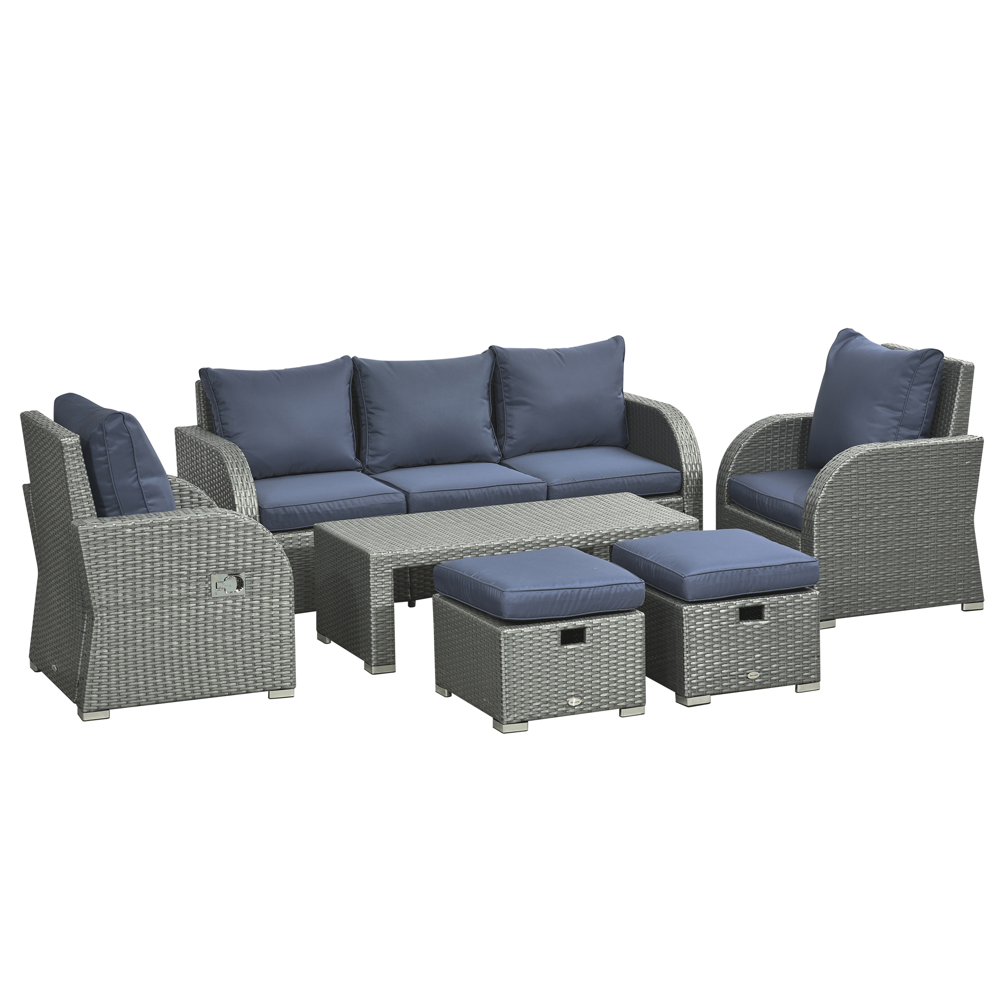 Outsunny Patio Rattan Set 6-Piece Outdoor Sofa Set With Reclining Armchairs (Blue)