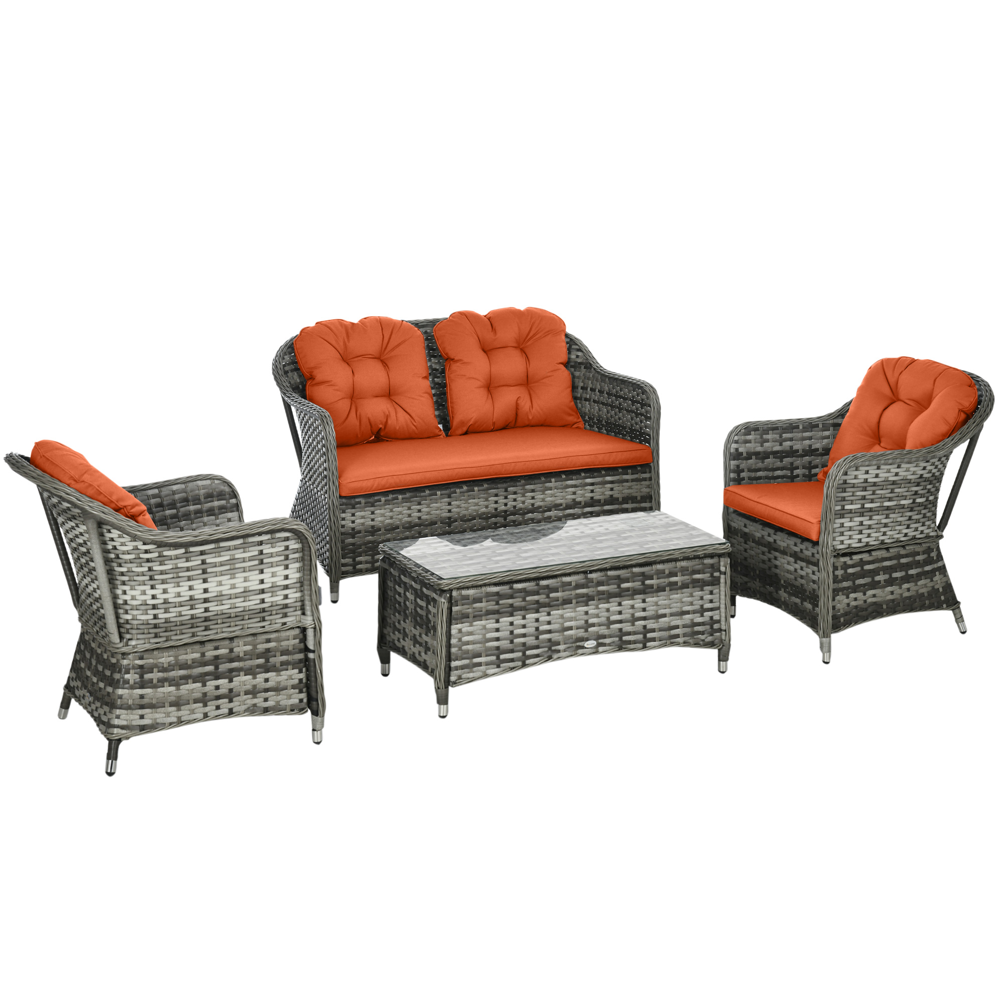 Outsunny Four-Piece Rattan Sofa Set With Glass-Top Table (Orange)