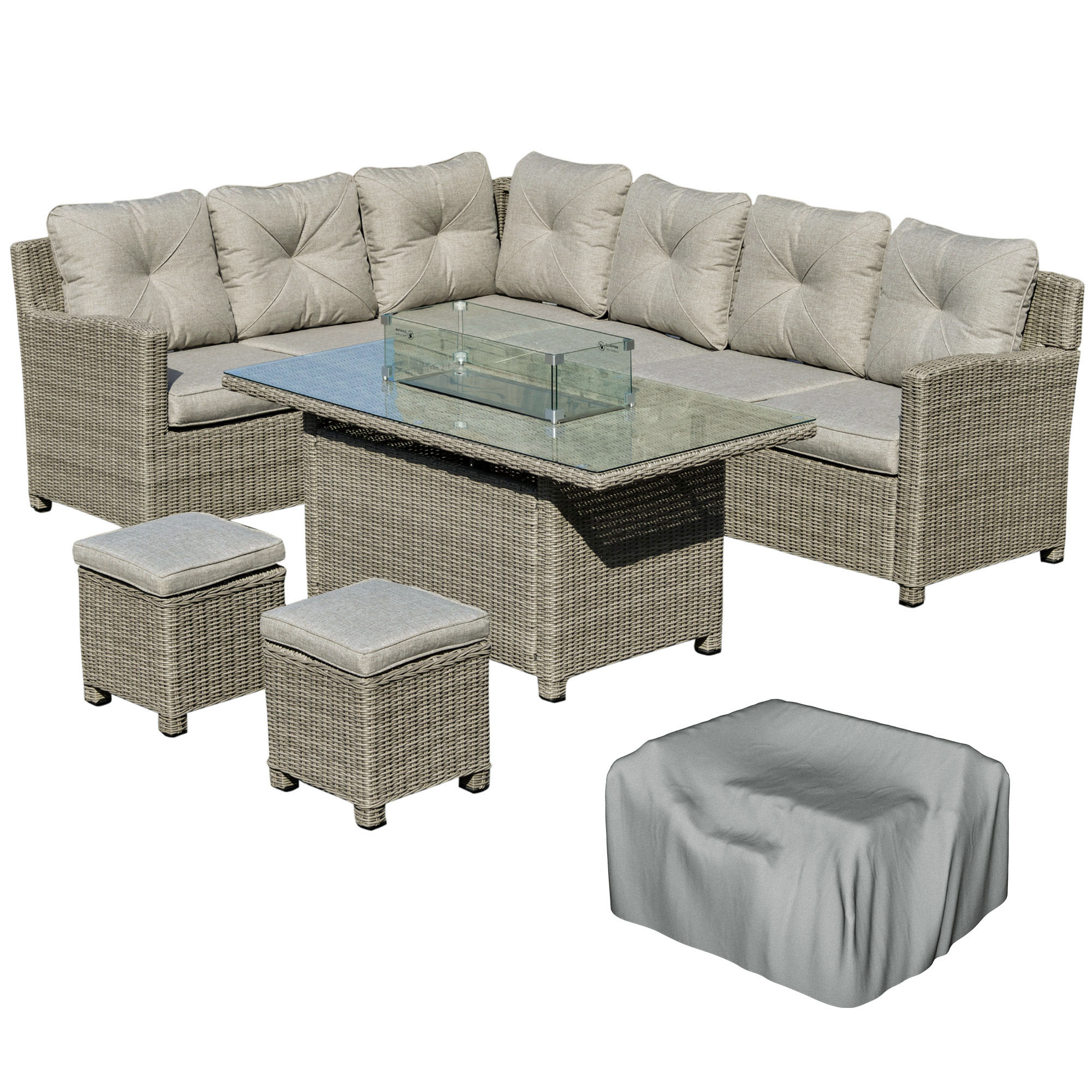 Outsunny 860-170 8-Seater Rattan Sofa Set With Fire Pit Table (Grey, L-Shape)
