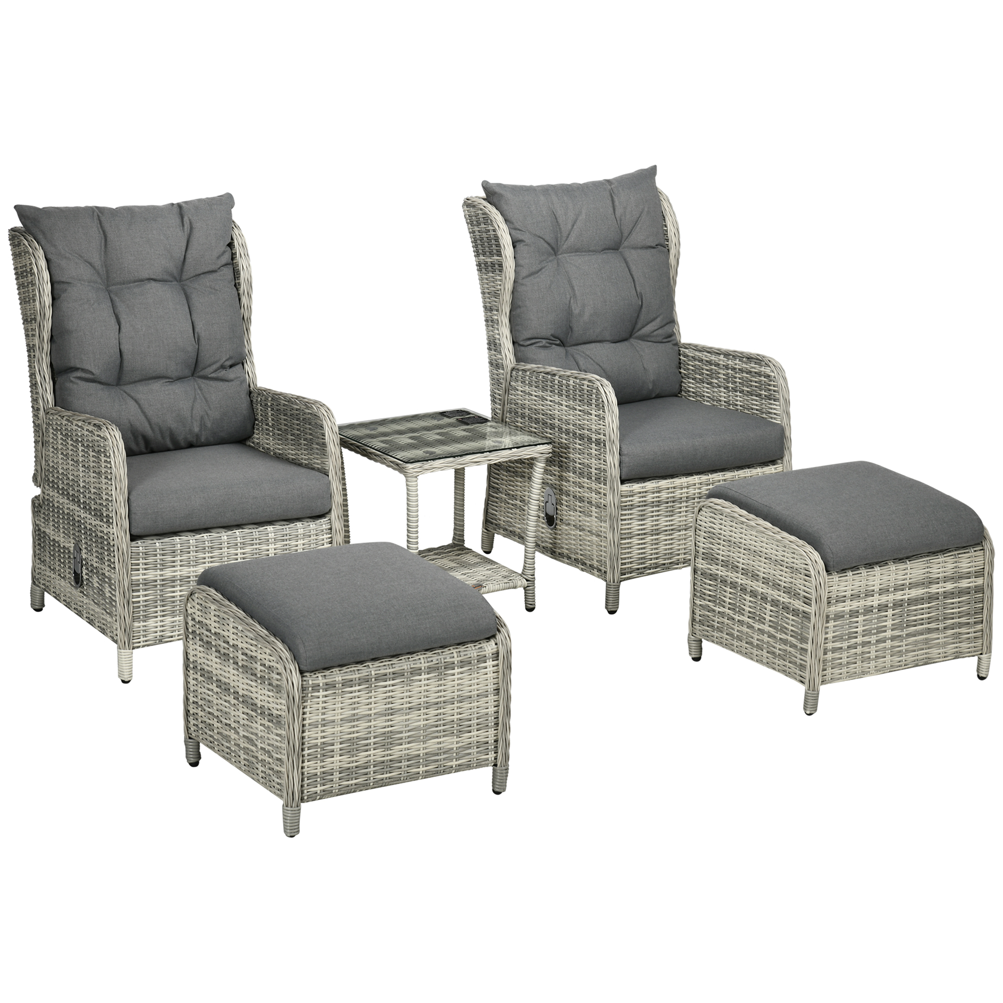 Outsunny 5-Piece Rattan Bistro Set With Reclining Chairs And Footstools (Grey)